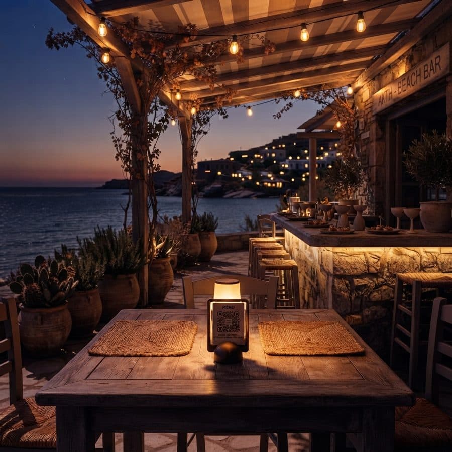 Beach bar δίπλα στη θάλασσα το βράδυ, με QR menu στο τραπέζι